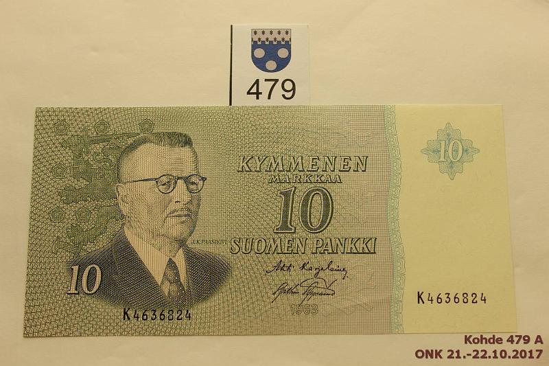 k-0479-a.jpg - Kohde 479, lhthinta: 40 € / myyntihinta: 50 € 10 mk 1963 SNY 146.2 K4636824 KA I-AAs, painumia, ei taitteita, vl2, kunto: 8