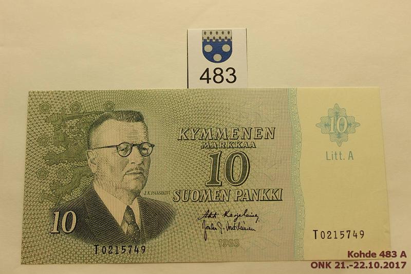 k-0483-a.jpg - Kohde 483, lhthinta: 5 € / myyntihinta: 6 € 10 mk 1963 LA SNY 146.5 T0215749 KA I-Vou, oik. alanurkassa painaumia, kunto: 8