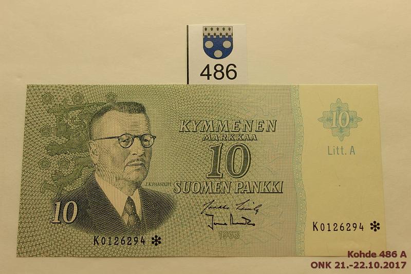 k-0486-a.jpg - Kohde 486, lhthinta: 50 € / myyntihinta: 50 € 10 mk 1963 LA K* SNY 146.7 K0126294* LAS-Ara, harv. ak-pari (v), korvaava, kunto: 9