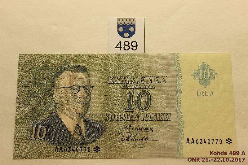 k-0489-a.jpg - Kohde 489, lhthinta: 12 € / myyntihinta: 12 € 10 mk 1963 LA AA* SNY 146.7 AA0340770* SIM-Luu, viistotaite, korvaava, kunto: 7