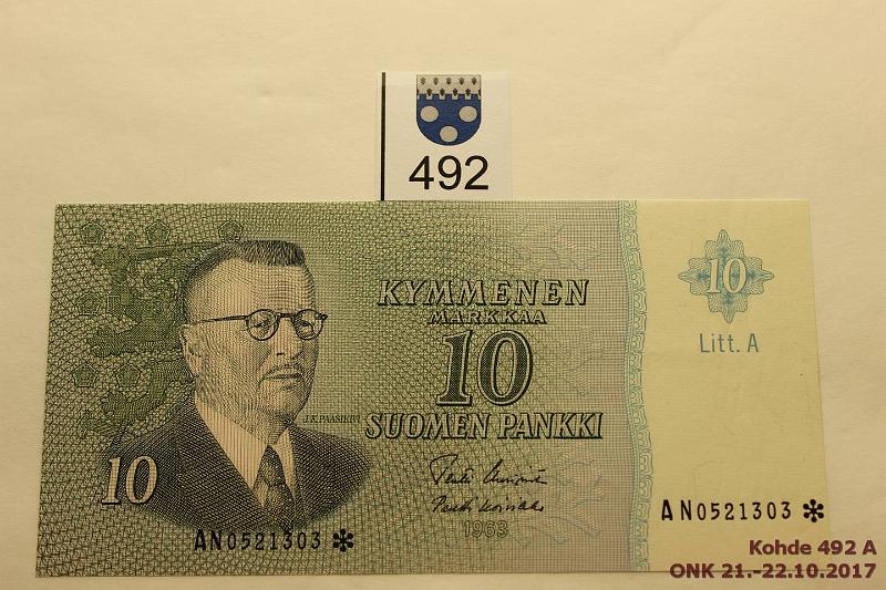 k-0492-a.jpg - Kohde 492, lhthinta: 10 € / myyntihinta: 12 € 10 mk 1963 LA AN* SNY 146.7 AN0521303* UUS-Ko1, hentoja painaumia, korvaava, kunto: 9