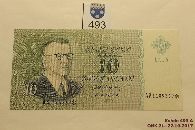 k-0493-a.jpg - Kohde 493, lhthinta: 10 € / myyntihinta: 10 € 10 mk 1963 LA A* SNY 146.7 A1109369* KA I-Ko1, vl:ssa syv uurre, korvaava, kunto: 9