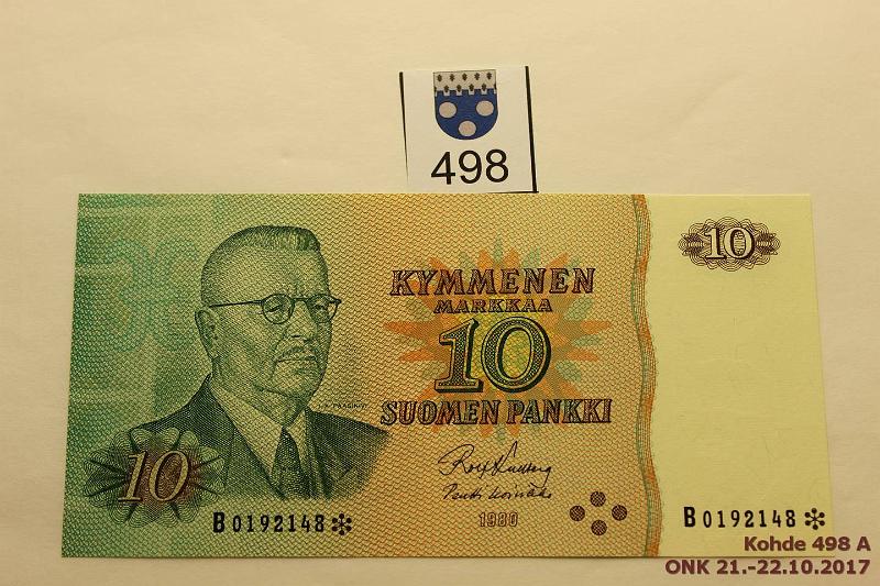 k-0498-a.jpg - Kohde 498, lhthinta: 15 € / myyntihinta: 21 € 10 mk 1980 B* SNY 147.2 B0192148* KU I-Ko1, korvaava, kunto: 10