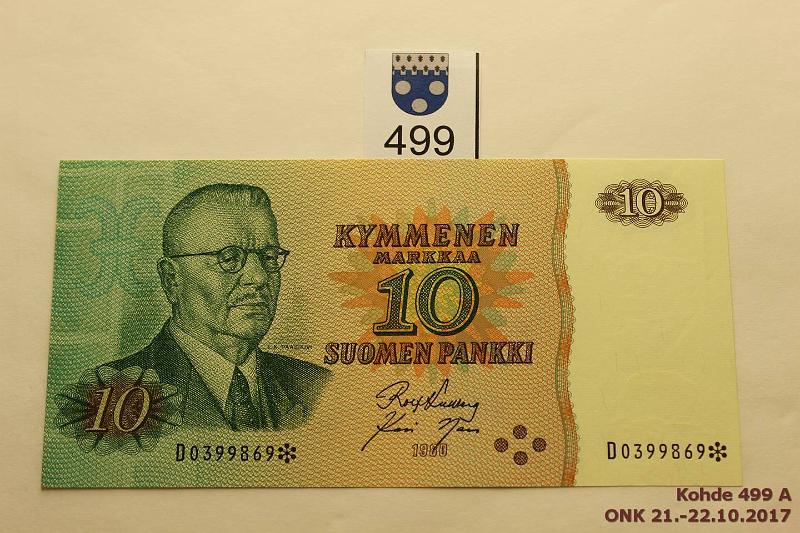 k-0499-a.jpg - Kohde 499, lhthinta: 10 € / myyntihinta: 10 € 10 mk 1980 D* SNY 147.2 D0399869* KU I-Nar, painuma, korvaava, kunto: 9