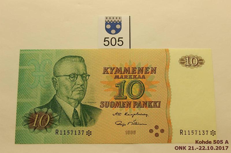 k-0505-a.jpg - Kohde 505, lhthinta: 10 € / myyntihinta: 15 € 10 mk 1980 R* SNY 147.2 R1157137* KA I-M1 korvaava, kunto: 10