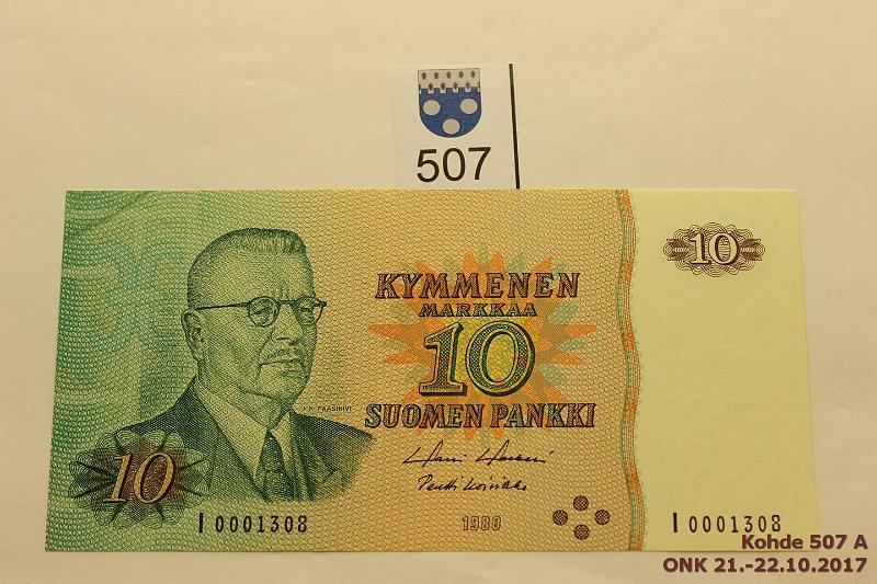 k-0507-a.jpg - Kohde 507, lhthinta: 100 € / myyntihinta: 100 € 10 mk 1980 I-sarja SNY 147.3 I0001308 HOL-Ko1, kaareva painuma vas. ylkulmassa, korvaava, kunto: 9