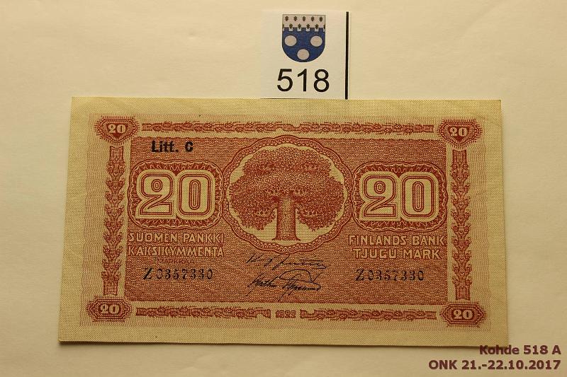 k-0518-a.jpg - Kohde 518, lhthinta: 55 € / myyntihinta: 60 € 20 mk 1922 LC SNY 158.4 Z0357330 JUT-AAs, painaumia, ei taitteita, kunto: 8