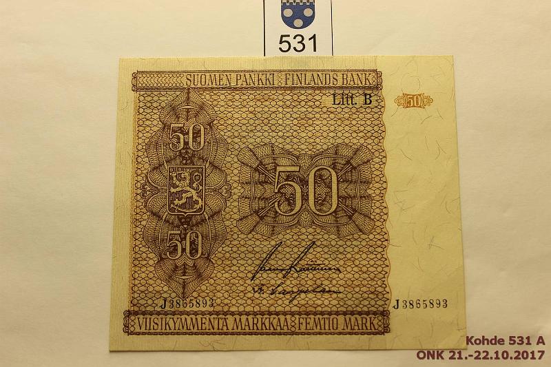 k-0531-a.jpg - Kohde 531, lhthinta: 20 € 50 mk 1945 LB SNY 169.4 J3865893 RAI-Car, laatta 4, painumia, pieni nurkkataite, kunto: 8