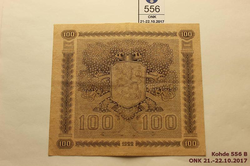 k-0556-b.jpg - Kohde 556 (kuva 2/2), lhthinta: 325 € / myyntihinta: 410 € 100 mk 1922 LB SNY 178.3 C0158864 RYT-OAs, kova napakka paperi, harvinainen!, kunto: 5