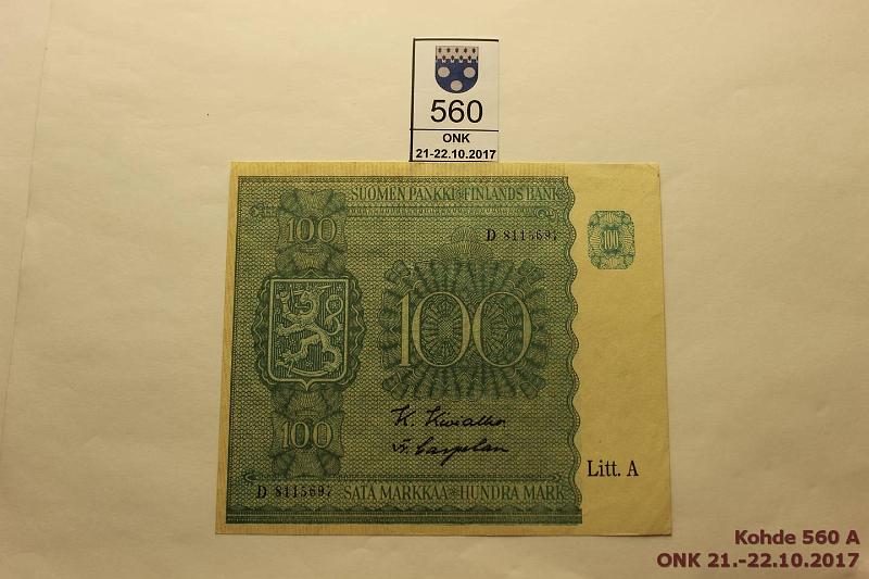 k-0560-a.jpg - Kohde 560, lhthinta: 25 € 100 mk 1945 LA SNY 180.1 D8115697 KIV-Car, kevyt pystytaite, painumia, kunto: 6