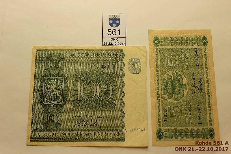 k-0561-a.jpg - Kohde 561, lhthinta: 8 € / myyntihinta: 8 € 100 + 5 mk 1939-45 (2) SNY 133.1, 180.2. 5mk 1939 KIV-Wah, vl1; 100mk 1945 KEK-Als, kunto: 4