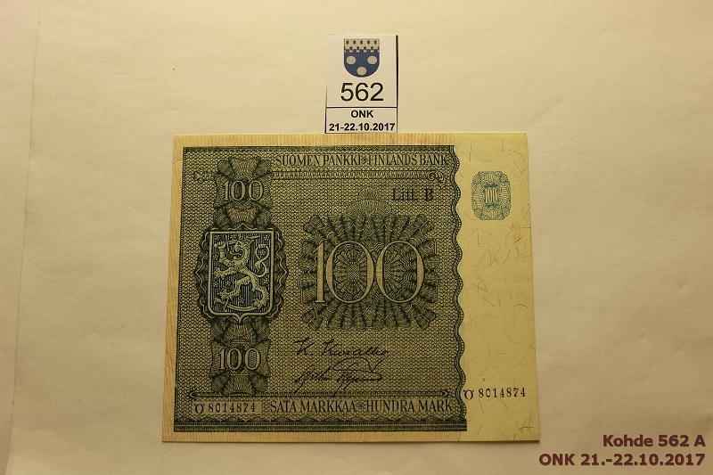 k-0562-a.jpg - Kohde 562, lhthinta: 15 € 100 mk 1945 LB SNY 180.2 8014874 KIV-AAs, kevyt pystytaite ja toinen pystytaite, kunto: 8