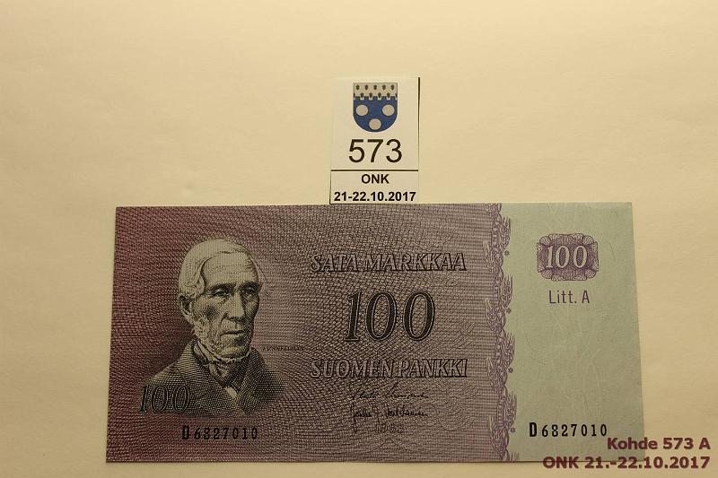 k-0573-a.jpg - Kohde 573, lhthinta: 30 € / myyntihinta: 30 € 100 mk 1963 LA SNY 183.3 D6827010 UUS-Vou, pintaeloa, ei taitteita, kunto: 8