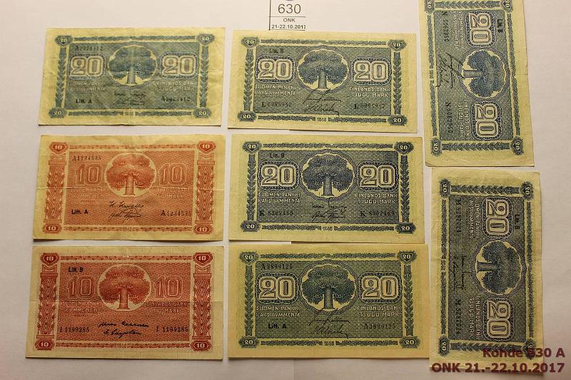 k-0630-a.jpg - Kohde 630, lhthinta: 15 € / myyntihinta: 15 € 10 - 20 mk 1945 (8) 10mk LA A..KIV-AAs, LB I..KEK-Car; 20mk LA A..TUO-AAs, A..RAI-Als, LB K..TUO-AAs, L..RAI-Als, M..TUO-Car, N..RAI-Als, kunto: 3-4