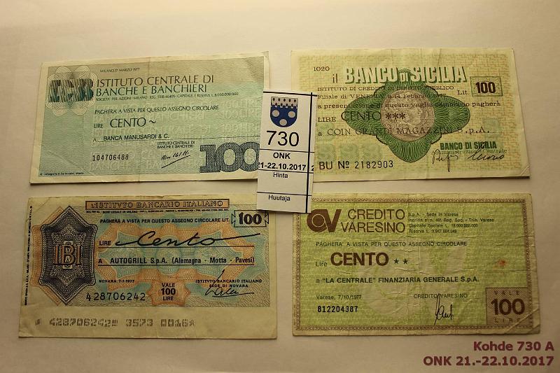 k-0730-a.jpg - Kohde 730, lhthinta: 5 € Italia 100 l (4) 1977 Paikallisetelit / maksulomakkeet: Sisilia, Novara, Varesino, Milano, kunto: 4