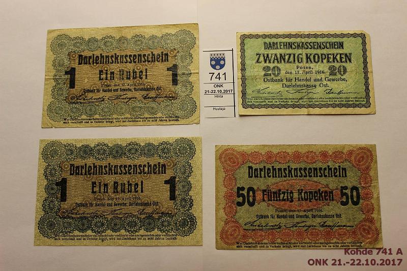 k-0741-a.jpg - Kohde 741, lhthinta: 5 € / myyntihinta: 10 € Liettua / Saksa 1916 (4) Dahlerkasseinchein 20, 50 kop, 1 rupla (2), kunto: 3-6