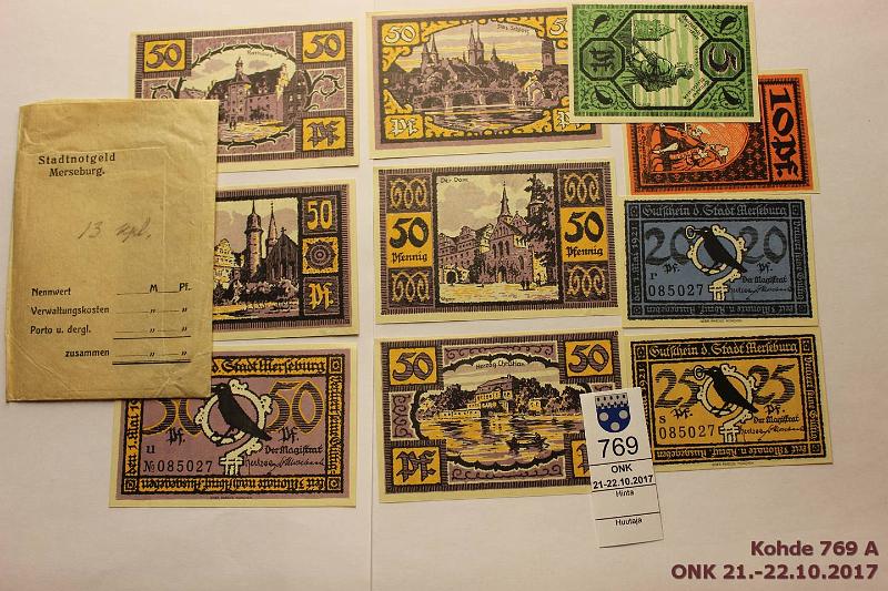 k-0769-a.jpg - Kohde 769, lhthinta: 5 € / myyntihinta: 10 € Htsetelit 1921 (10) Merseburg. 5pf, 10pf, 20pf, 25pf, 50pf (6 eril.), alkuperisess aikalaiskuoressa, kunto: 7-9