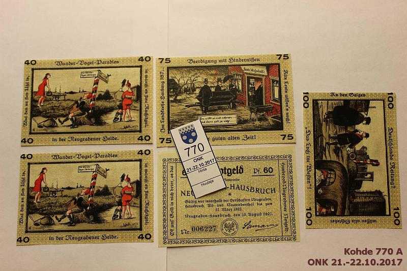 k-0770-a.jpg - Kohde 770, lhthinta: 5 € / myyntihinta: 8 € Htsetelit 1921 (5) Neugraben-Hansbruch. 40pf (2 samanlaista), 60pf, 75pf, 100pf, kunto: 8-9