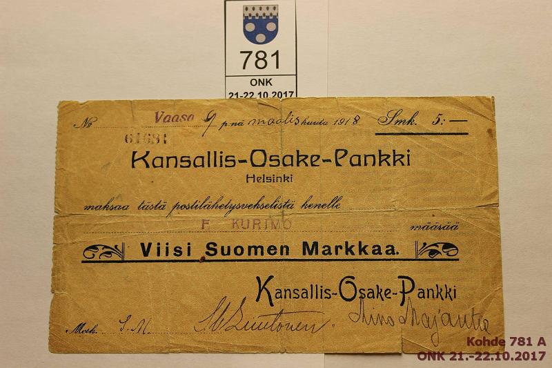 k-0781-a.jpg - Kohde 781, lhthinta: 5 € / myyntihinta: 8 € Sekki 5 mk 1918 Kansallis Osake Pankki Helsinki, leimat Vaasa, allekirjoituksia. Isoja repemi, kunto: 2