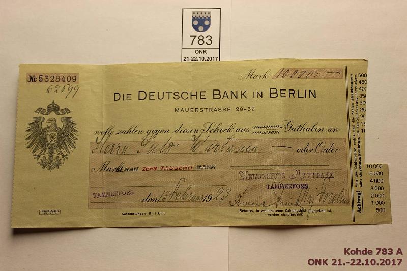 k-0783-a.jpg - Kohde 783, lhthinta: 5 € / myyntihinta: 5 € Sekki 10 000 mk 1923 Die Deutsche Bank Berlin 10 000mk. Lunastettu Tampereella Helsingfors Aktiebankin konttorissa, kunto: 5