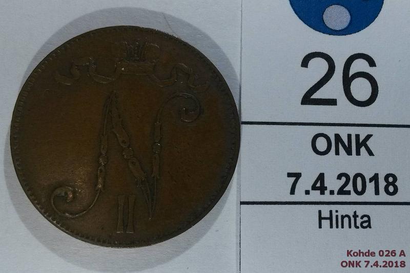 k-0026-a.jpg - Kohde 26 (kuva 1/2), lhthinta: 5 € 5 p 1899 Tunnusp. pij, kunto: 4/5