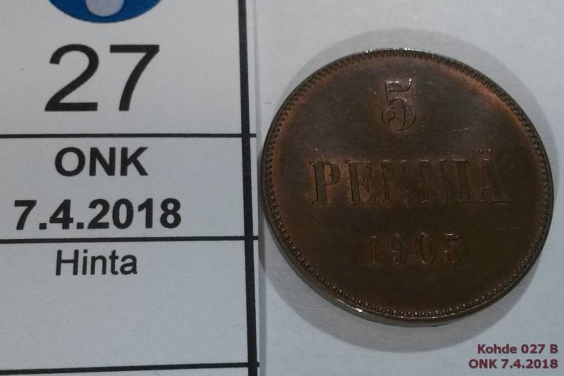 k-0027-b.jpg - Kohde 27 (kuva 2/2), lhthinta: 100 € 5 p 1905 Tunnusp. hnja, leimakiiltoa, erittin kaunis!, kunto: 8