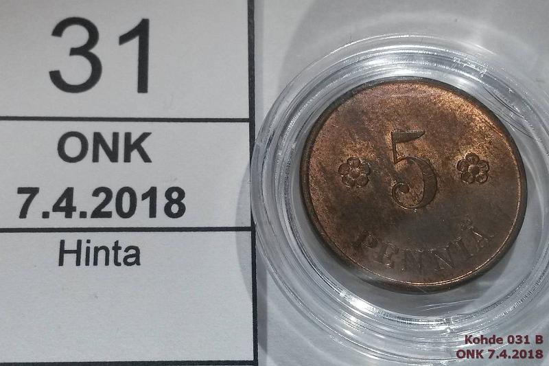 k-0031-b.jpg - Kohde 31 (kuva 2/2), lhthinta: 25 € / myyntihinta: 25 € 5 p 1927 Cu, leimakiiltoinen, arvop. hieman patinaa. Loistelias! Vaikein vuosi! Pilleriss, kunto: 8/9