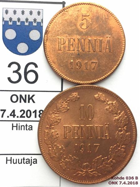 k-0036-b.jpg - Kohde 36 (kuva 2/2), lhthinta: 10 € / myyntihinta: 12 € 5 + 10 p 1917 II (2) ephpja, loisteliaat!, kunto: 9/8, 9