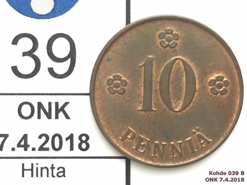 k-0039-b.jpg - Kohde 39 (kuva 2/2), lhthinta: 8 € / myyntihinta: 13 € 10 p 1923 Hpja, erittin kaunis!, kunto: 8