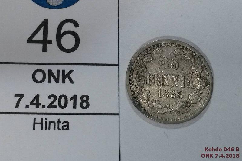 k-0046-b.jpg - Kohde 46 (kuva 2/2), lhthinta: 15 € 25 p 1865 Ag, SNY 265.2.2, likaa, puhd, prvja, kunto: 2/4