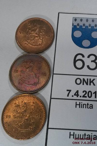 k-0063-a.jpg - Kohde 63 (kuva 1/2), lhthinta: 8 € / myyntihinta: 9 € 25 p 1940, -41 (3) Cu, 1940(kl7, tumma), -41(2), kunto: 7, 8-9