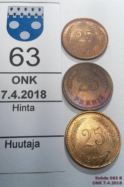 k-0063-b.jpg - Kohde 63 (kuva 2/2), lhthinta: 8 € / myyntihinta: 9 € 25 p 1940, -41 (3) Cu, 1940(kl7, tumma), -41(2), kunto: 7, 8-9