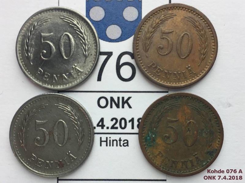 k-0076-a.jpg - Kohde 76 (kuva 1/2), lhthinta: 5 € 50 p 1940-47 (4) Cu: 1940(kl4, kl7/6); Fe: 1944(kl7), -47(kl7), kunto: 4-7