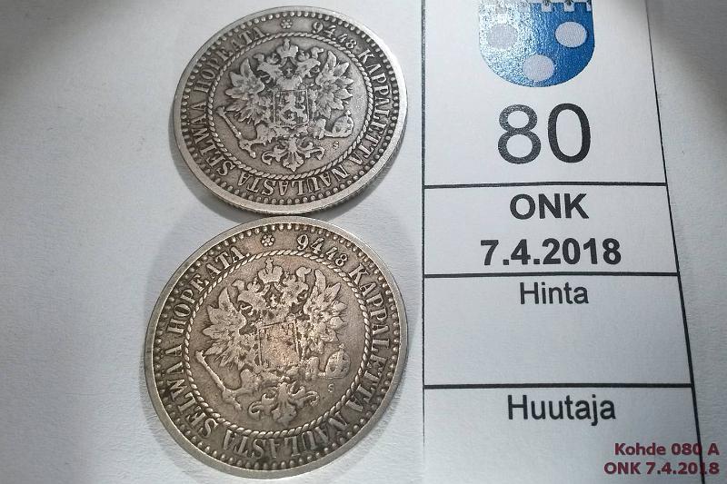 k-0080-a.jpg - Kohde 80 (kuva 1/2), lhthinta: 18 € / myyntihinta: 18 € 1 mk 1866 (2) Ag, toisessa vas. kieli koukkumainen, kunto: 3, 4