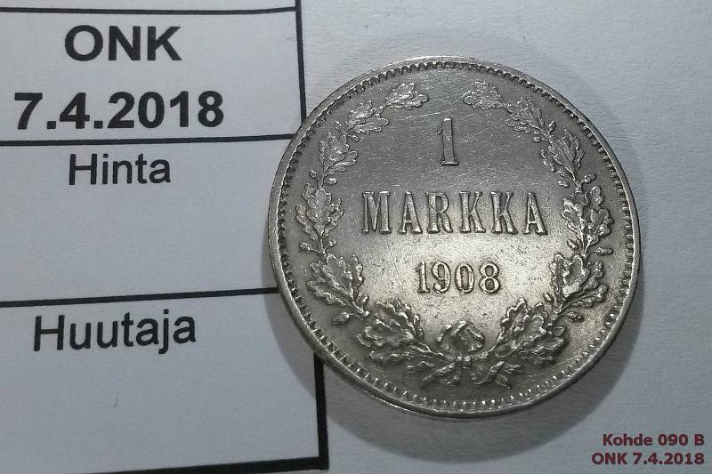 k-0090-b.jpg - Kohde 90 (kuva 2/2), lhthinta: 15 € 1 mk 1908 Ag, hnja, kunto: 5/6