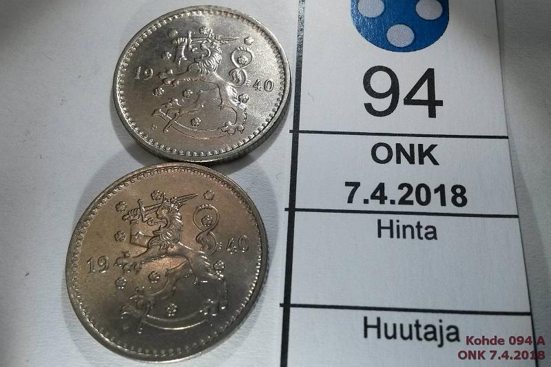 k-0094-a.jpg - Kohde 94 (kuva 1/2), lhthinta: 5 € / myyntihinta: 5 € 1 mk 1940 (2) CuNi, loisteliaat!, kunto: 8, 9