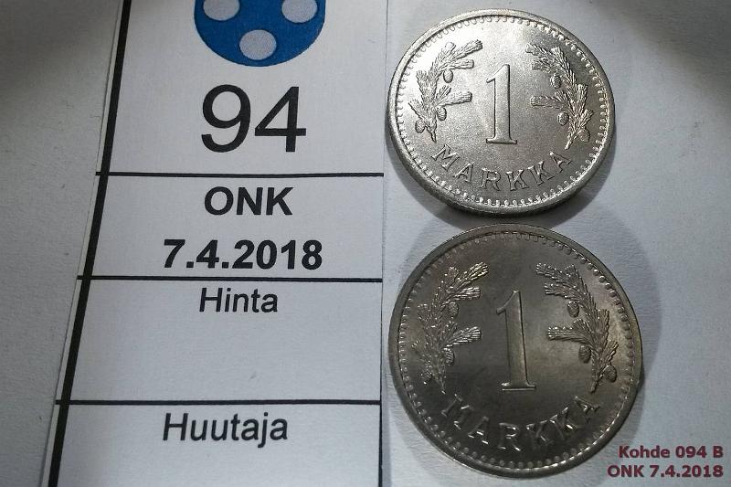 k-0094-b.jpg - Kohde 94 (kuva 2/2), lhthinta: 5 € / myyntihinta: 5 € 1 mk 1940 (2) CuNi, loisteliaat!, kunto: 8, 9