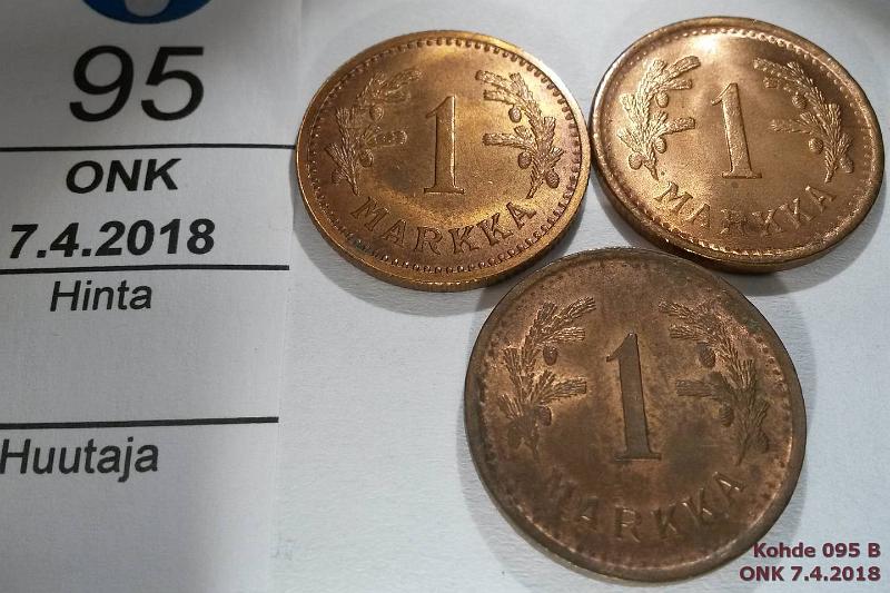 k-0095-b.jpg - Kohde 95 (kuva 2/2), lhthinta: 5 € / myyntihinta: 12 € 1 mk 1943-51 (3) Cu, 1943, -50 (php), -51 (php), erittin kauniit!, kunto: 9, 8, 7