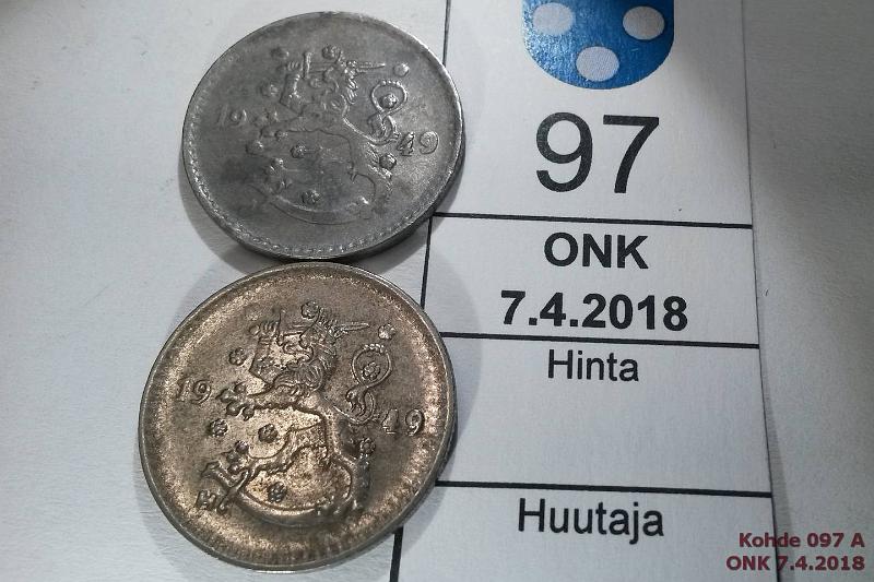 k-0097-a.jpg - Kohde 97 (kuva 1/2), lhthinta: 5 € / myyntihinta: 5 € 1 mk 1949 (2) Fe, SNY 438.2, 438.6, erilaiset kaksoiskaiverrukset vuosil:ssa, kunto: 4, 5