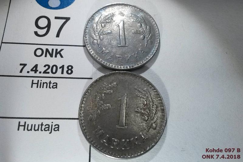 k-0097-b.jpg - Kohde 97 (kuva 2/2), lhthinta: 5 € / myyntihinta: 5 € 1 mk 1949 (2) Fe, SNY 438.2, 438.6, erilaiset kaksoiskaiverrukset vuosil:ssa, kunto: 4, 5