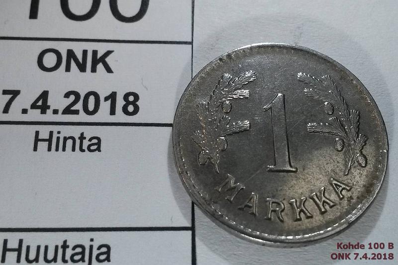 k-0100-b.jpg - Kohde 100 (kuva 2/2), lhthinta: 5 € / myyntihinta: 5 € 1 mk 1952 iso SNY 441 p.tahra, kaunis!, kunto: 8