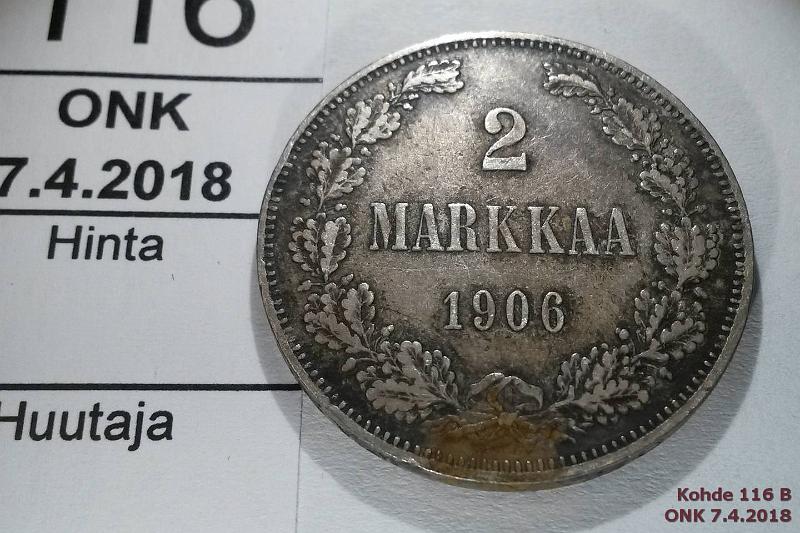 k-0116-b.jpg - Kohde 116 (kuva 2/2), lhthinta: 15 € / myyntihinta: 15 € 2 mk 1906 Ag, SNY 500.2, lyhyt /, eprvja, tumma, kunto: 4/5