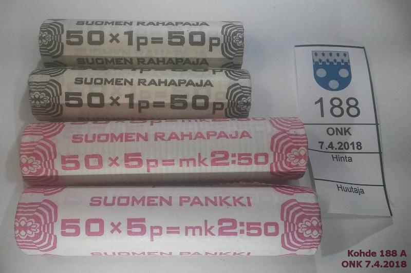 k-0188-a.jpg - Kohde 188 (kuva 1/2), lhthinta: 5 € / myyntihinta: 7 € 1-5 p 1975-83 (4) Al, RP rullat, 1p 1975, -77; 5p 1980, -83. Vuosiluku nkyy, kunto: 9