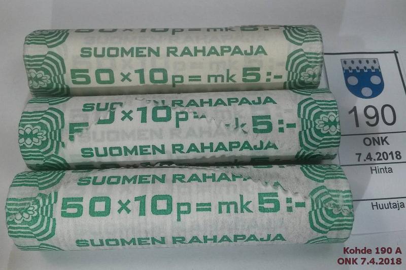 k-0190-a.jpg - Kohde 190 (kuva 1/2), lhthinta: 5 € / myyntihinta: 10 € 10 p 1977-83 (3) Al, AlBr, RP rullat 10p 1977, -83K, -83N. Vuosiluku nkyy, kunto: 9