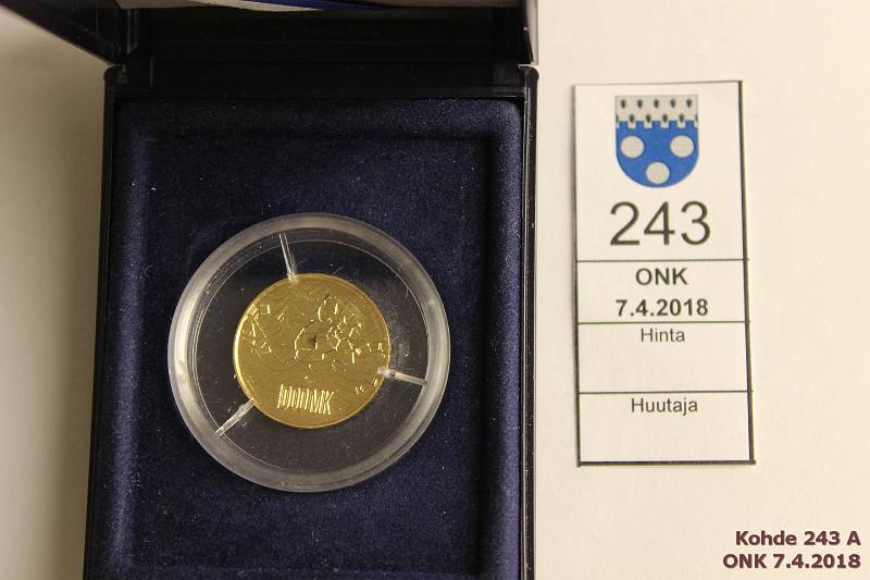 k-0243-a.jpg - Kohde 243, lhthinta: 230 € / myyntihinta: 250 € 1000 mk 1992 Au, proof, 9g/900, Suomi 75 v, kotelo, kunto: 10