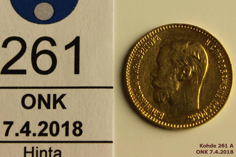 k-0261-a.jpg - Kohde 261 (kuva 1/2), lhthinta: 160 € / myyntihinta: 200 € 5 rpl 1897 Y#62 Au, 4,3g/900, АГ, Nikolai II, kunto: 8