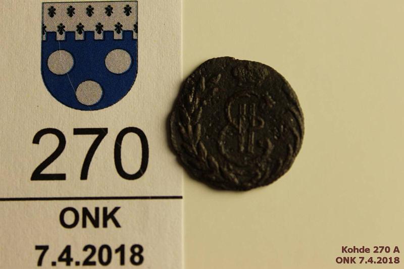 k-0270-a.jpg - Kohde 270 (kuva 1/2), lhthinta: 15 € / myyntihinta: 26 € Polushka 1777 C#1, Bit. 1228 R1 Cu, КМ, 1/4 kop Siperia, sypymi vaakunapuolella, Suzun mint, kunto: 5