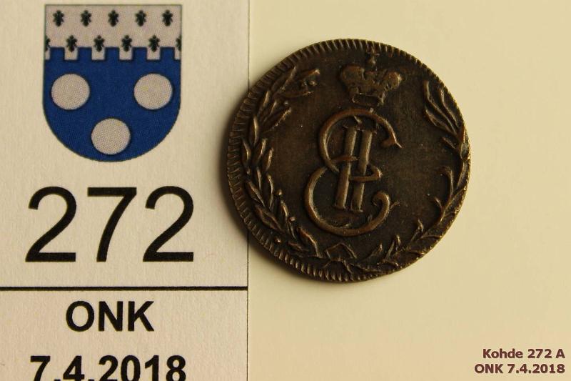 k-0272-a.jpg - Kohde 272 (kuva 1/2), lhthinta: 10 € Denga 1764 C#2? Cu,  kop, Siperia. Uusintalynti (Novodel KM#3)? Muu kopio??, kunto: 7