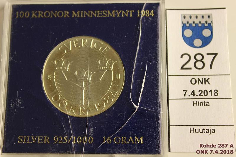 k-0287-a.jpg - Kohde 287, lhthinta: 12 € / myyntihinta: 13 € 100 kr 1984 KM#863 Ag, 16g/925, Carl XVI Gustaf Stockholm Conference, kotelossa halkeamia, kunto: 9