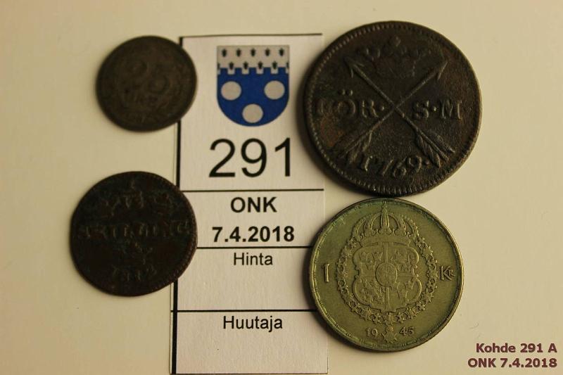 k-0291-a.jpg - Kohde 291, lhthinta: 5 € / myyntihinta: 5 € 1  - 1 kr (4) 1759-1945 1 SM 1759 (iso 5), 1/12 sk 1812, 25 1885, 1kr 1945G, kunto: 4-5